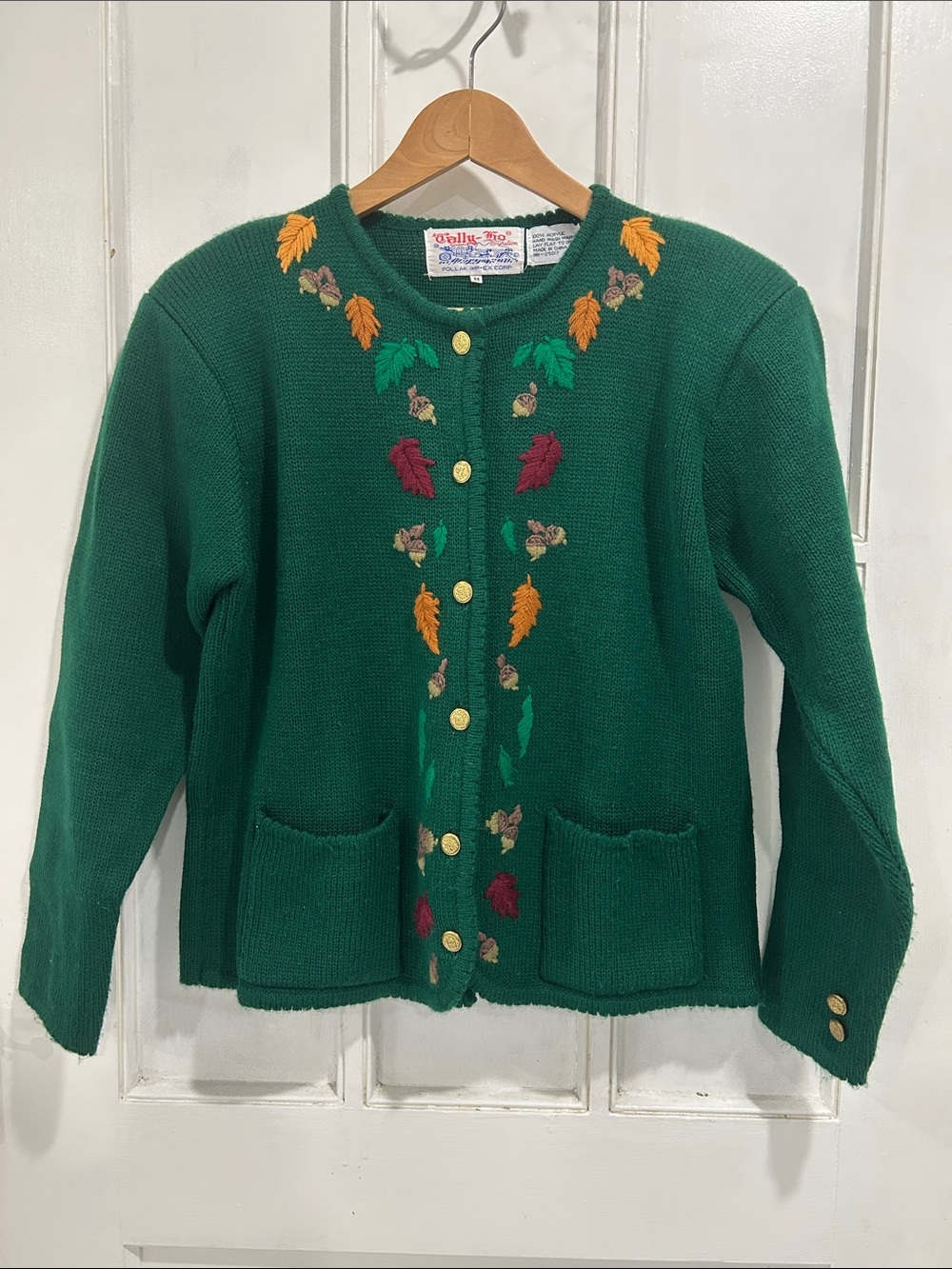 Vintage Tally-Ho Green Cardigan Sweater Embroidered Fall Leaves Acorns - Medium